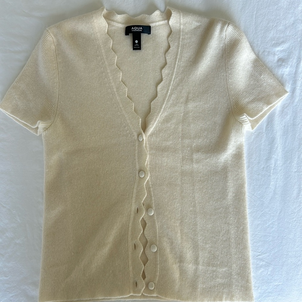 Aqua Cashmere Short Sleeve Button Up Sweater